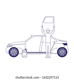 car mechanic holding up a door in front of body car over white background, flat design, vector illustration