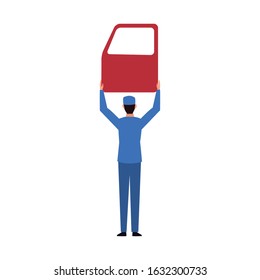 car mechanic holding up a car door over white background, colorful design, vector illustration