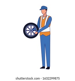 car mechanic holding a tire over white background, vector illustration