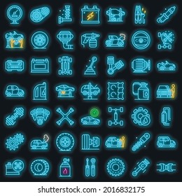 Car mechanic icons set. Outline set of car mechanic vector icons neon color on black