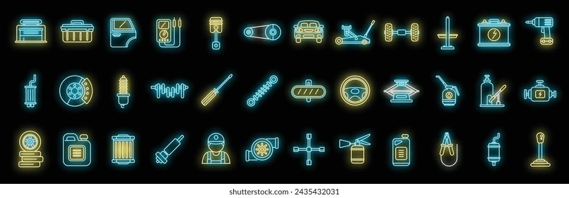 Iconos mecánicos del coche establecen el vector de contorno. Trabajo del motor. Aceite del motor, neón aislado