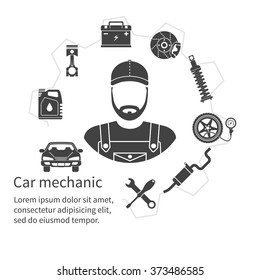 Car Mechanic, Icons Tools And Spare Parts. Repair Machines, Equipment. Service Concept. Vector Illustration. Auto Mechanic Icon. Repair Car Design. Black Icons On White Background