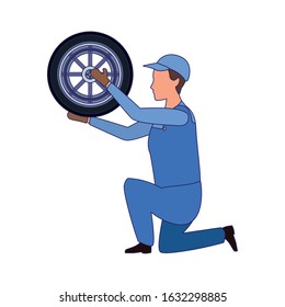 car mechanic kneeling holding a tire icon over white background, vector illustration
