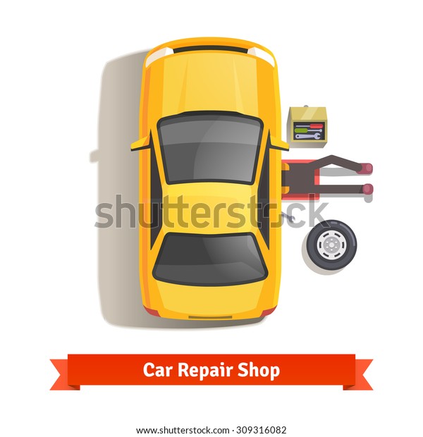 自動車の修理工が車の下に横たわって修理をしている 平面図 白い背景に平らなスタイルのベクターイラスト のベクター画像素材 ロイヤリティフリー