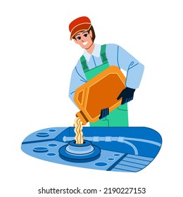 vector de aceite mecánico de coche. servicio de motor, motor de automoción, vehículo automotor reparación de coches carros mecánico caracter de aceite. ilustración de dibujos animados planos de personas