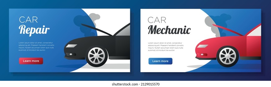 Car mechanic online banner template set, vehicle repair service shop corporate advertisement, horizontal ad, car trouble campaign webpage, flyer, creative brochure, isolated on background.