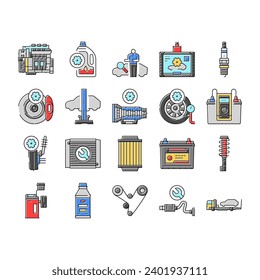 car mechanic repair service icons set vector. auto garage, technician maintenance, shop engine, man vehicle, worker motor car mechanic repair service color line illustrations