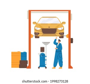 Car mechanic repairing auto lifted on elevator in workshop. Automobile diagnostics and maintenance by professional repairman. Colored flat vector illustration isolated on white background