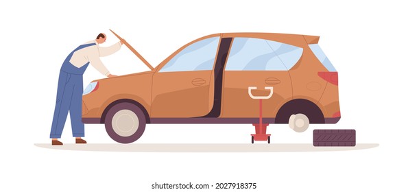 Car mechanic repairing auto with open hood raised up. Maintenance and inspection of automobile engine by repairman in automotive service. Flat vector illustration isolated on white background