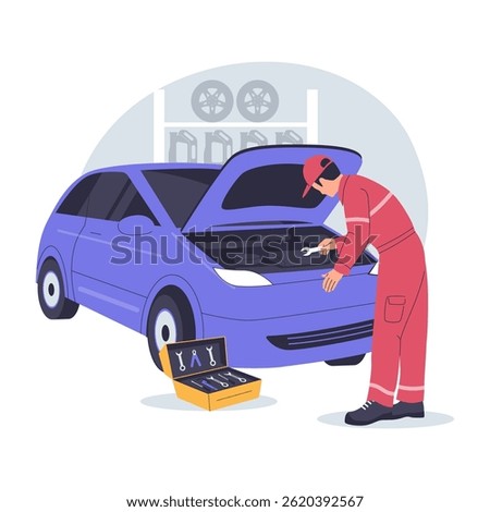 Car Mechanic Repairing Engine in Workshop. Illustration for websites, landing pages, mobile apps, posters and banners