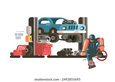 Vehículo de reparación mecánica de coches. Ilustración vectorial que muestra taller de reparación de automóviles con mecánico y coche en el ascensor