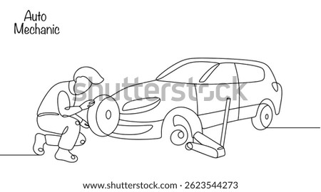 A car mechanic is replacing a front wheel on a passenger car. The car body is raised with a jack. Hand-drawn black continuous line vector illustration.