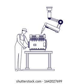 car mechanic and robotic arm fixing a car motor over white background, vector illustration