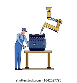 car mechanic and robotic arm fixing a car motor over white background, vector illustration
