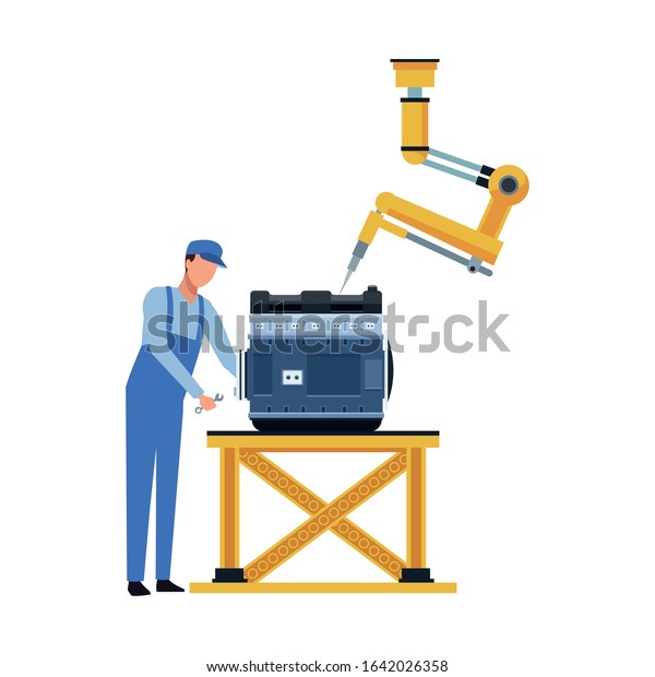 car mechanic and robotic arm fixing a\
car motor over white background, vector\
illustration