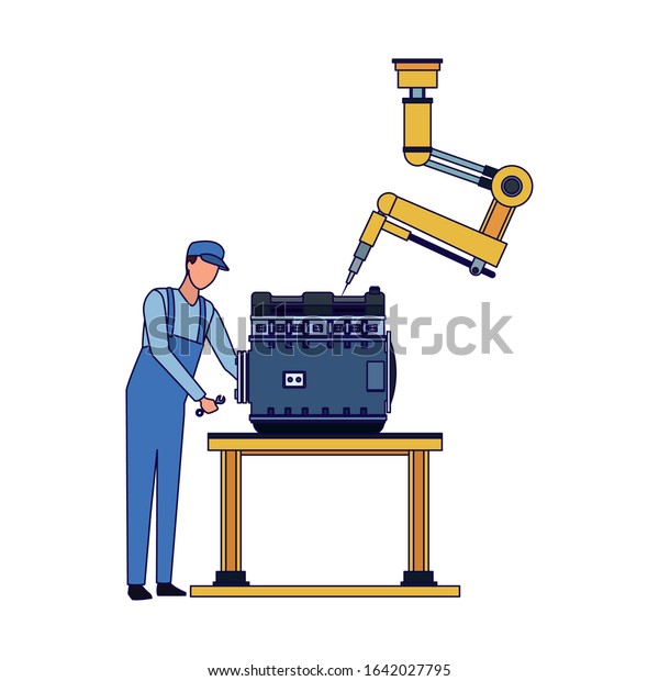car mechanic and robotic arm fixing a\
car motor over white background, vector\
illustration