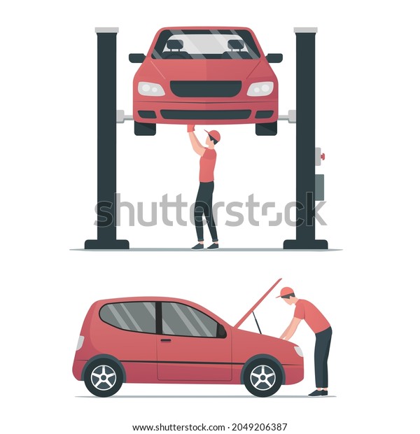 Car mechanic set. Auto\
repair shop. Colored flat vector illustration. Isolated on white\
background.
