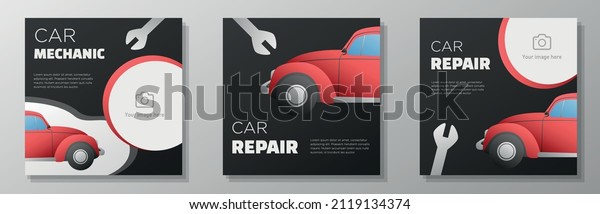 Car mechanic\
social media post, square banner set, automotive repair service\
advertisement concept, vehicle maintenance marketing ad, abstract\
brochure, isolated on\
background.
