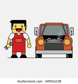 Car mechanic standing with car, Cartoon vector illustration.
