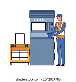 car mechanic standing and scanner machine and tools trolley over white background, vector illustration
