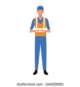 car mechanic standing wearing working clothes and safety vest over white background, vector illustration