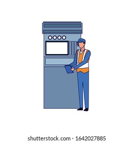 car mechanic supervising a machine over white background, vector illustration