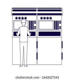 car mechanic supervising a car scanner machine over white background, vector illustration