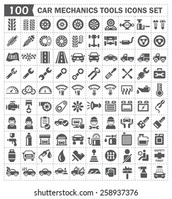 Car mechanic tool and automotive icon. Consist of service and repair work. Including spare part i.e. engine, battery, transmission, piston, tire, steering etc. For garage and shop and logo element. svg