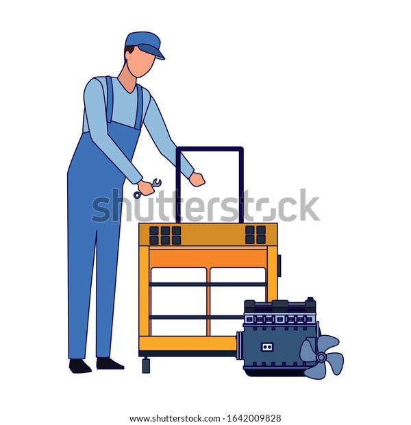 car mechanic with tools\
trolley and car parts over white background, flat design, vector\
illustration