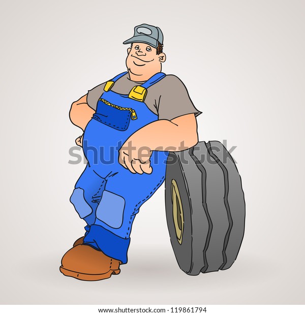 Car Mechanic with Tyre - Professional worker with\
car tyre in blue uniform