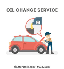 Car Mechanic In Uniform Change Oil At Car Service Station. Vector Illustration