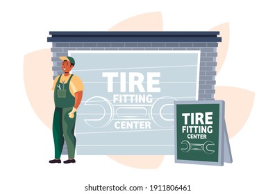 car mechanic in uniform working at maintenance station tire fitting service concept full length horizontal vector illustration