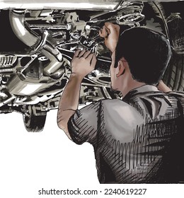 Car mechanic at work in workshop.