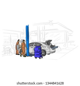 car mechanic working in auto repair service vector illustration with black lines isolated on white background