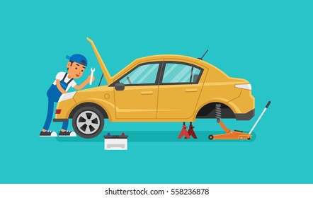 Car Mechanic Working In Auto Repair Service. Vector Illustration