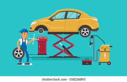 Car Mechanic Working In Auto Repair Service. Vector Illustration