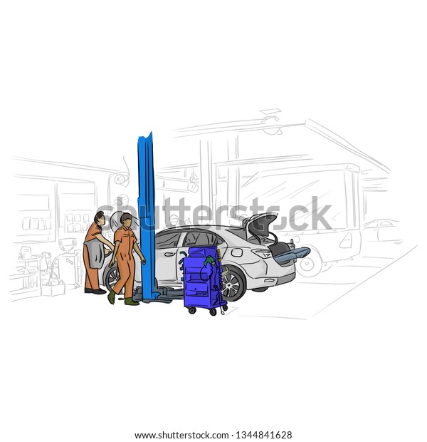 car mechanic\
working in auto repair service vector illustration with black lines\
isolated on white\
background