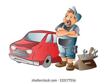 Car Mechanic Working on a Red Car, vector illustration