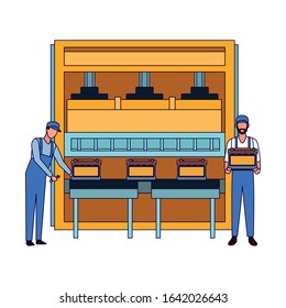 car mechanics with car batteries on machine over white background, flat design, vector illustration