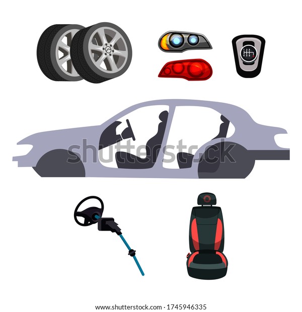 Car mechanics isolated objects. Set of\
elements: wheels and tires, different types of headlights,\
silhouette car frame, steering wheel, driver seat. Repair auto\
service. Vector\
illustration