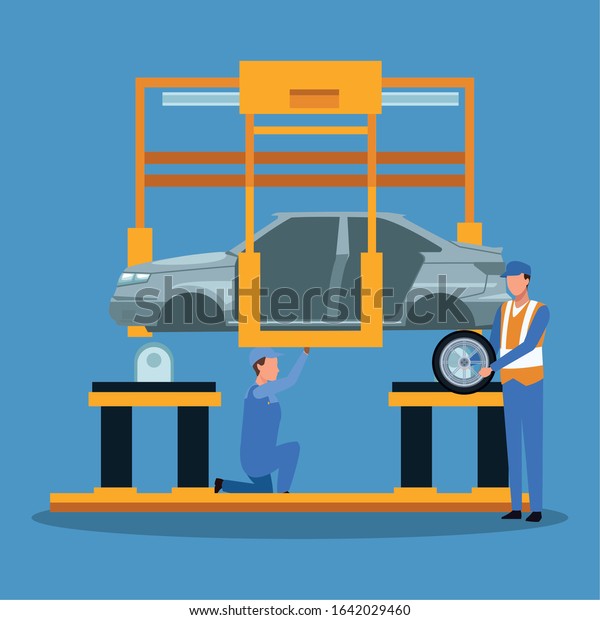 car mechanics working on\
lifted cars over blue background,colorful design, vector\
illustration