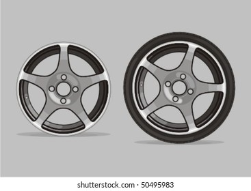 Car metal alloy wheel rim with tire isolated on gray. Vector illustration.