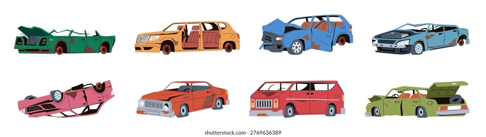 Car metal scrap. Old, rust and broken automobiles without wheels, abandoned, crashed dirty vehicles in accident, transport dump elements, nowaday vector cartoon flat style isolated transportation set