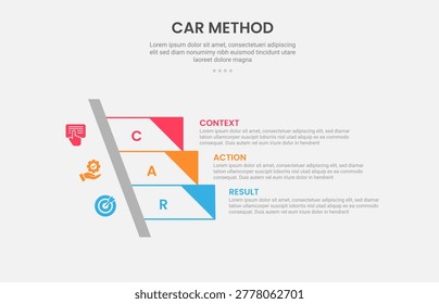CAR method infographic outline style with 3 point stage or step template with sharp rectangle stairway ladder with triangle edge for slide presentation vector