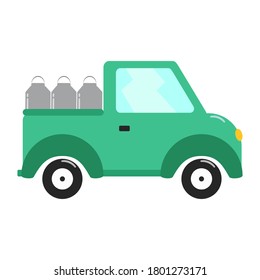 Car with milk in flat style. Fresh nutrition. Vector rustic illustration. Business concept. Healthy lifestyle. Natural product. 
