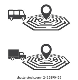 Car and minibus go in maze labyrinth to pin map pointer icon