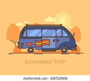 Car or minivan driving through savannah, safari