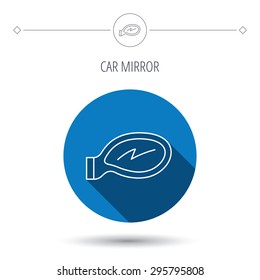 Car mirror icon. Driveway side view sign. Blue flat circle button. Linear icon with shadow. Vector