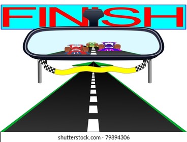 Car mirror and is reflected in it the road and race cars.