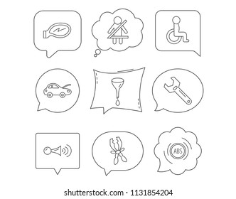 Car mirror repair, oil change and wrench tool icons. ABS, klaxon signal and fasten seat belt linear signs. Disabled person icons. Linear Speech bubbles with icons set. Comic chat balloon. Vector